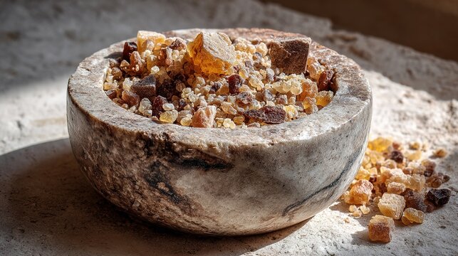 boswellia. Marble mortar containing freshly crushed amber-colored resin on a stone surface. menu design, packaging mockups, designed for culinary blogs and recipe cards for restaurants.
