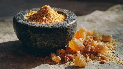 boswellia. Marble mortar containing freshly crushed amber-colored resin on a stone surface. menu design, packaging mockups, designed for culinary blogs and recipe cards for restaurants.