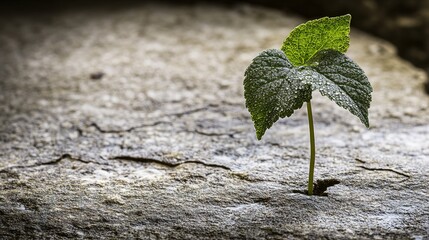 plantago. Plant growing through cracks in a stone pavement with morning dew. ESG reports, sustainability campaigns, designed for sustainability communications and ESG reporting.