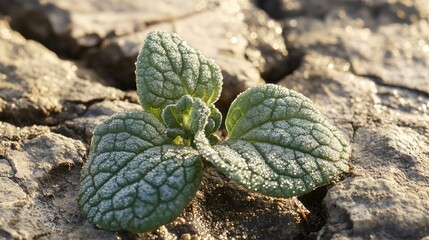 plantago. Plant growing through cracks in a stone pavement with morning dew. ESG reports, sustainability campaigns, designed for sustainability communications and ESG reporting.
