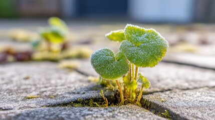 plantago. Plant growing through cracks in a stone pavement with morning dew. ESG reports, sustainability campaigns, designed for sustainability communications and ESG reporting.