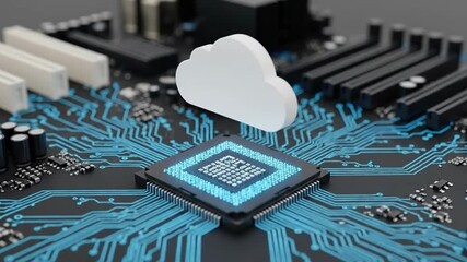 Digital Cloud Computing Abstract Concept With Glowing Blue Circuit Board And Central Processor Unit Under Neon Light