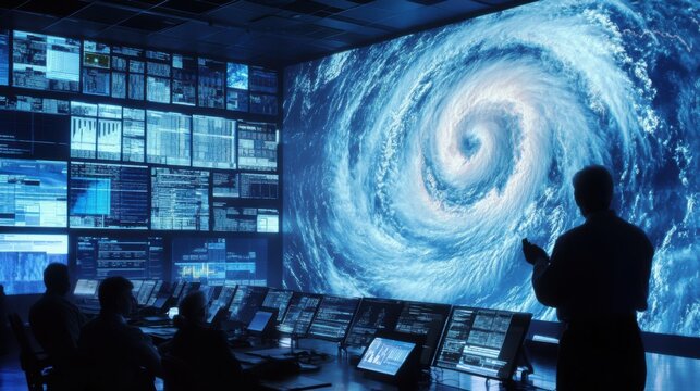 Scientists analyzing hurricane data in a weather warning center