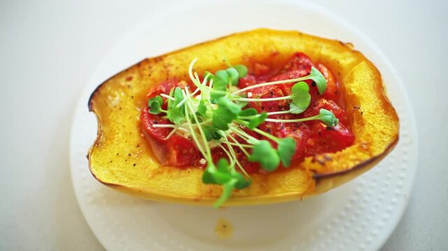 Spaghetti squash cooked baked food with raw radish microgreens hand sprinkling, tomato seasoning filling on white plate macro closeup