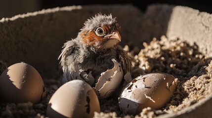 precocial. A baby bird emerging from a cracked eggshell in the morning sunlight. wildlife magazines, conservation campaigns, designed for nature documentaries and education, used by sports marketers.