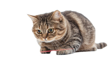 Playful tabby cat hunting red laser dot, isolated on transparent background