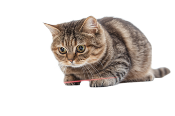 Playful tabby cat hunting red laser dot, isolated on transparent background