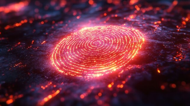 Glowing Red Fingerprint on Dark Surface - Digital Identity Concept.