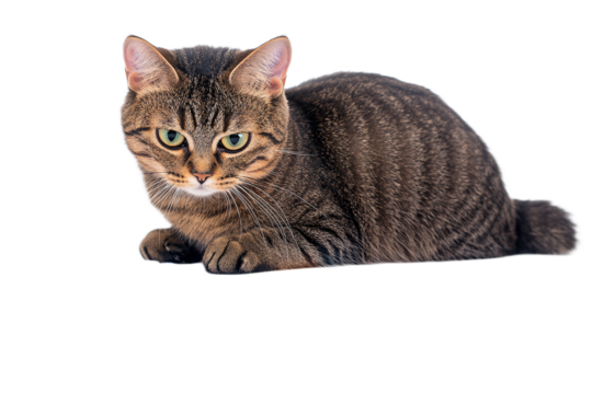 Beautiful brown tabby cat portrait lying down on transparent background