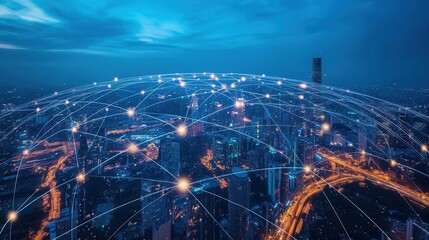 A glowing network of global city connections at night