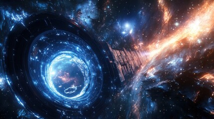 A glowing wormhole opening into a vibrant galaxy