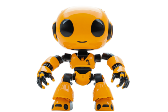 Bright and cheerful yellow robot toy for kids standing upright on transparent background