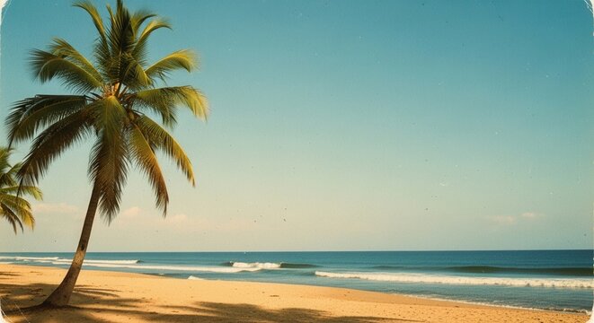 Idyllic tropical beach scene with palm trees, tranquil ocean and serene sky, a calming vacation - Powered by Adobe