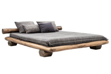 Rustic wooden bed with pillows and plaid bedding on transparent background