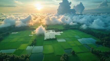 Aerial view of lush green fields under a cloudy sky at sunset.
