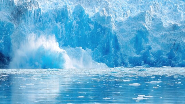 A massive glacier calving into the ocean with blue ice