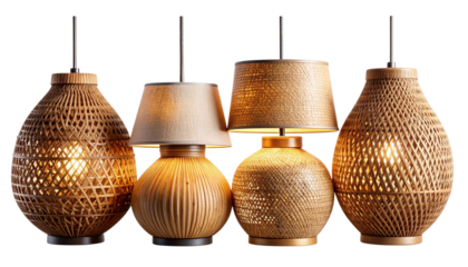 Modern Rattan & Linen Table Lamp Designs Set of Four, isolated on transparent background