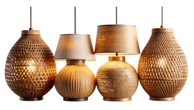 Modern Rattan & Linen Table Lamp Designs Set of Four, isolated on transparent background