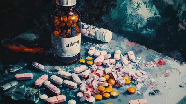 Spilled pills and fentanyl bottle on dark surface