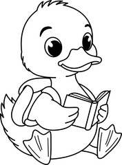 Cute Baby Duck with Backpack Reading a Book Cartoon Outline