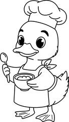 Cute Baby Duck Chef Wearing Hat and Apron Holding Bowl Outline
