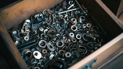 tinkerer. A drawer filled with an assortment of miscellaneous small parts and gadgets. travel magazines, destination branding, designed for outdoor magazines and nature guides, drives exploration.