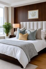 Fototapeta premium Modern elegant bedroom interior with king size bed and wood wall