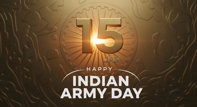 Happy indian army day celebration with golden number 15 and sunburst effect