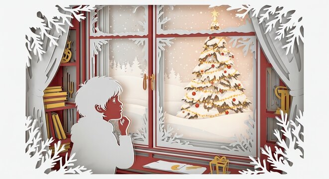 Quiet contemplation on a winter's eve, gazing from a cozy room at a snow-covered Christmas tree glowing warmly outside the window - Powered by Adobe