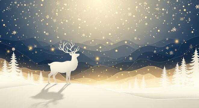 Dreamy winter wonderland illustration of a majestic white reindeer standing in a serene snowy landscape with falling snowflakes and a magical golden glow