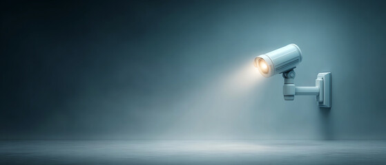 Watchful security camera with light monitoring dark wall. surveillance cctv technology offers safety, protection, and constant observation