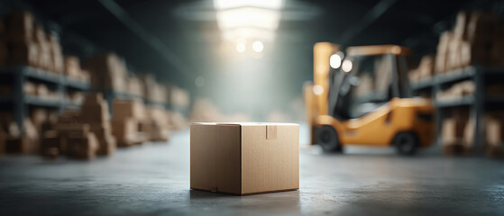 Fototapeta premium Single cardboard box package focused in large warehouse aisle. Logistics, distribution, and shipping concept with forklift in background