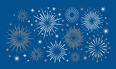 Festive fireworks illustration, white and gold starburst design, blue celebration background, holiday sparkle graphic, event-themed decoration