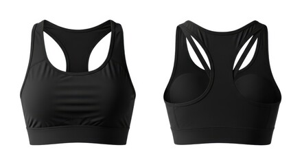 Black racerback sports bra front and back views for athletic wear white background