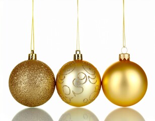 Festive trio Golden Christmas baubles with varied textures hanging against white background