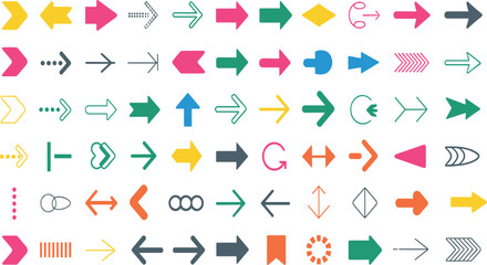 Colorful arrow icon set, directional symbol grid, hand-drawn sketch style, UI navigation design, playful graphic illustration