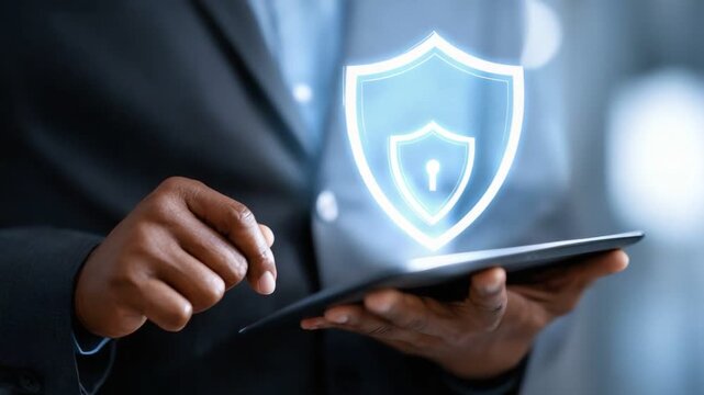 A professional man using a tablet, showcasing digital security. The image features a glowing shield icon, symbolizing protection and cybersecurity in modern technology.