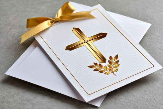 Religious white card with gold cross and bow