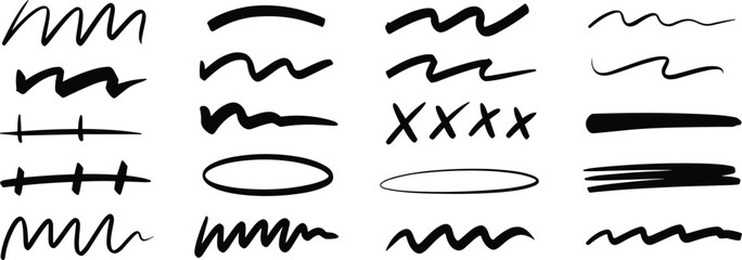 Hand-drawn ink doodle icon set, expressive brushstroke and line art elements, black sketch design illustration