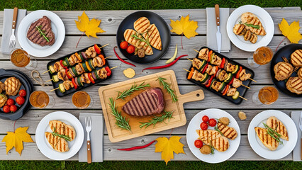 Top view of a bountiful autumn grill party featuring an assortment of barbecued steak, chicken, and skewers on a rustic wooden table