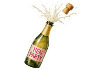 Hen Party Champagne Bottle Popping with Splash Effect Isolated on Transparent Background