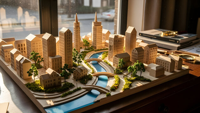Architectural city model on a desk, featuring miniature buildings, winding rivers, and bridges, meticulously crafted for urban planning and design visualization