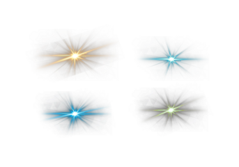 Set of four vector light flares in different colors on a dark background, showcasing starburst effects and abstract glowing elements for design projects.