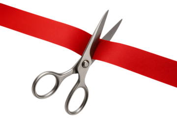 Red Ribbon Cutting Ceremony with Silver Scissors Isolated on Transparent Background