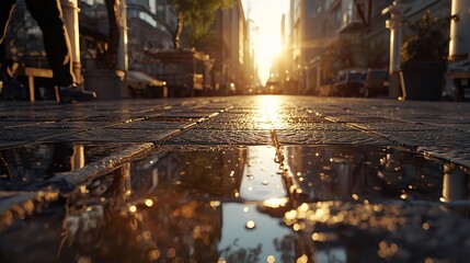 Sunlit City Street Reflected in Rainwater