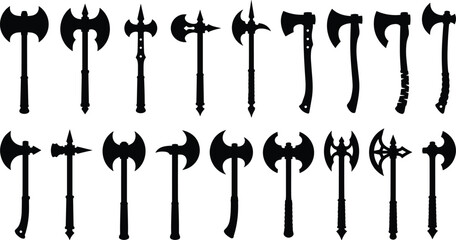 Medieval axe and polearm silhouette icon set, black weapon shapes for fantasy, battle, history, and game design themes