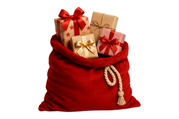 Red Santa Bag Filled with Wrapped Christmas Gifts – Isolated on Transparent Background