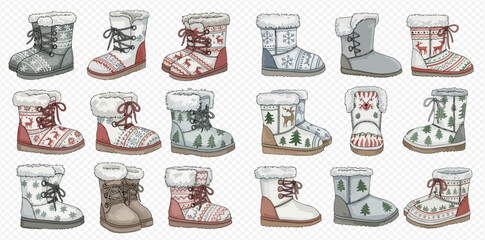 A collection of various cozy winter boots with festive and seasonal patterns, featuring fur lining and different colors, perfect for cold weather.