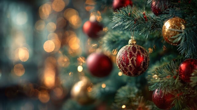 Festive Christmas Tree Decorations with Warm Bokeh Lights.