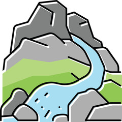 Stylized Mountain Landscape with a Winding Blue River Flowing Through Green Valleys and Rocky Outcroppings against a Transparent Background
